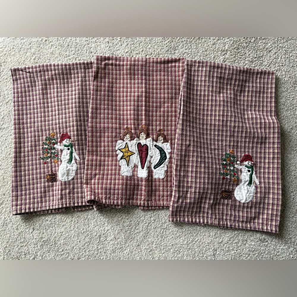 Vintage Primitive Country Kitchen Towels Angela Snowmen Plaid Holiday Set Of 3